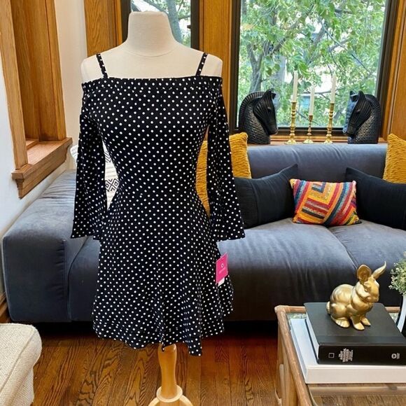 Peak 90s Gal Vintage Deadstock Off Shoulder Polka Dot Mini - Picture 3 of 14